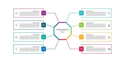 Business infographic design with 8 options. Vector thin line label with hexagons template.