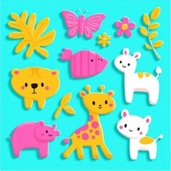 Playful Cartoon Animals and Floral Elements on Teal Background