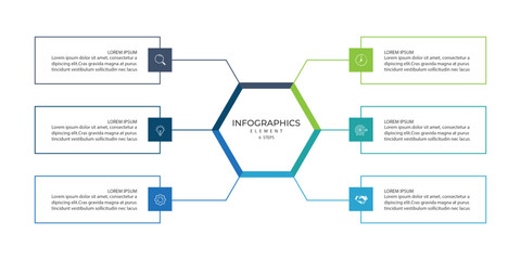 Business infographic design with 6 options. Vector thin line label with hexagons template.