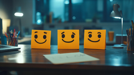 Series of sticky notes showing three emoticon faces transitioning from boredom to happiness, representing emotional states
