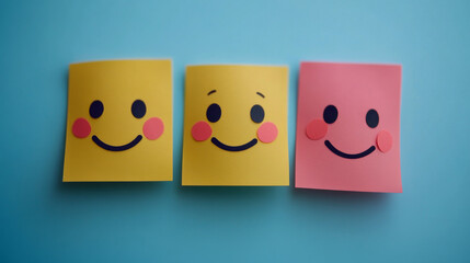 Series of sticky notes showing three emoticon faces transitioning from boredom to happiness, representing emotional states