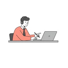 A man wearing headphones works at a laptop, writing notes with a pen, representing remote work or online learning.