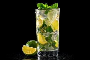 Fototapeta premium Refreshing Mojito: Lime, Mint, and Ice in a Highball Glass