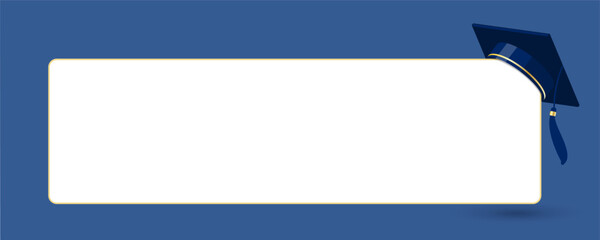 Graduate college, high school or university cap on the corner of a white frame for text. Vector illustration of ceremony hat with white banner. Navy blue educational student symbol and blank frame