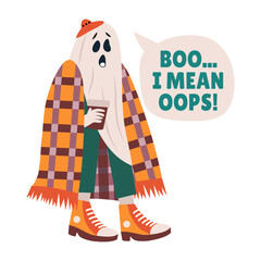 A slightly clumsy ghost wrapped in blanket, flat sticker