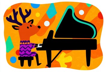 Reindeer Playing Piano in Festive Orange Setting