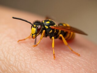 A wasp s close encounter with human skin, emphasizing the insect s size.
