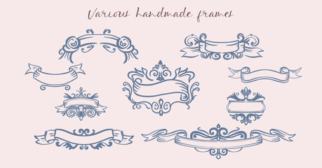 Set of ornate and ribbon frames handmade in a light, frivolous style. Ideal for posters, invitations, advertisements in vintage style. Modern digital illustration in flat style