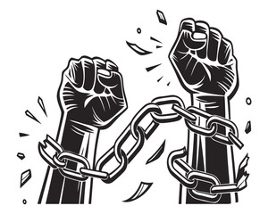 Powerful fists breaking chains black and white freedom concept illustration