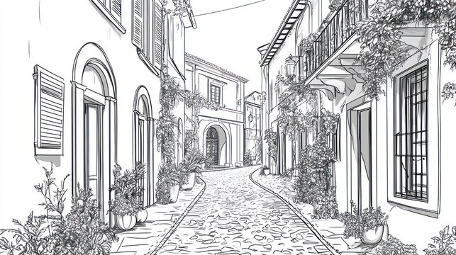 Fototapeta Elegant, narrow street with charming buildings, plants, and stone pavement.  Detailed line drawing