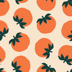 Orange persimmon hand drawn vector illustration. Fresh fruit in flat style seamless pattern for kitchen fabric or wallpaper.