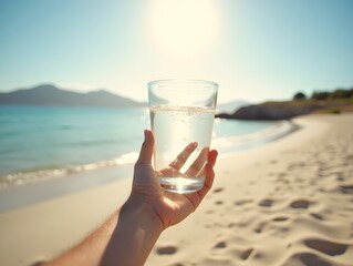 Clear glass of water on sandy beach, hand reaching toward it under sunlight For Social Media Post Size