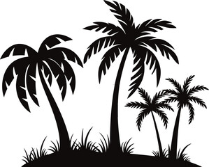 Obraz premium palm tree silhouette | Black and White Beach with Ocean Waves and Palm Tree| vector illustration Isolated on White Background