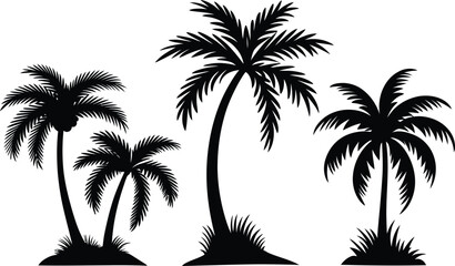 palm tree silhouette | Black and White Beach with Ocean Waves and Palm Tree| vector illustration Isolated on White Background