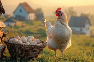 White hen standing by a wicker basket full of fresh eggs in a farm at sunrise