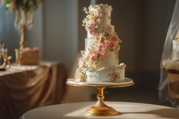 Elegant three-tier wedding cake adorned with intricate floral designs in soft lighting.