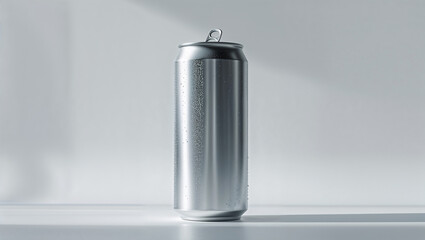 Tall slim aluminum soda can in metallic silver finish with light studio shadows.