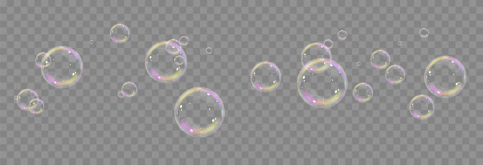 Vector realistic soap bubbles png. Flying soap bubbles on transparent background.
