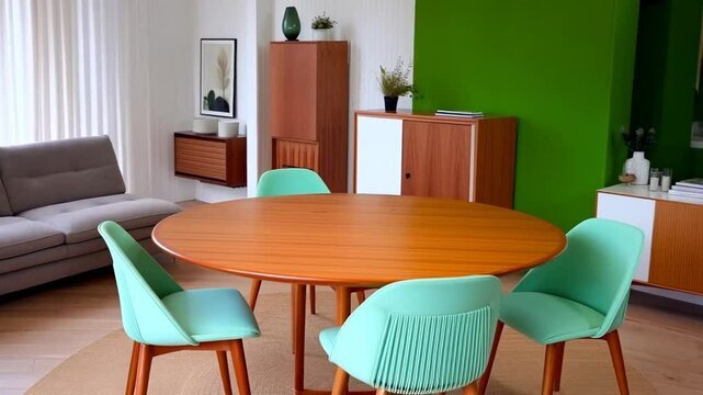 Bright modern dining room with round table and mint green chairs