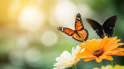 Naklejka premium Group of butterflies in different colors gathering around flowers in a lively outdoor scene.