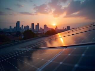 Obraz premium Sustainable and renewable business. Urban skyline at dusk with solar panels in the foreground, showcasing modern energy solutions.