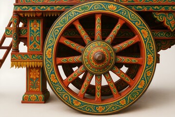 A brightly painted wooden wheel, decorated with intricate floral designs, likely from a traditional cart or vehicle. Concept Traditional Craftsmanship, Vibrant Colors, Floral Patterns