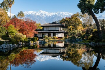 Fototapeta premium Japanese garden with mountain backdrop