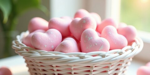 A Delicate Collection of Sweetheart-Shaped Confections Nestled in a Whitewicker Basket, Bathed in Soft Sunlight
