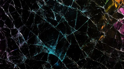 A mesmerizing close-up of a shattered glass surface reflecting vibrant colors in a chaotic yet artistic manner, creating an intriguing backdrop perfect for digital projects.