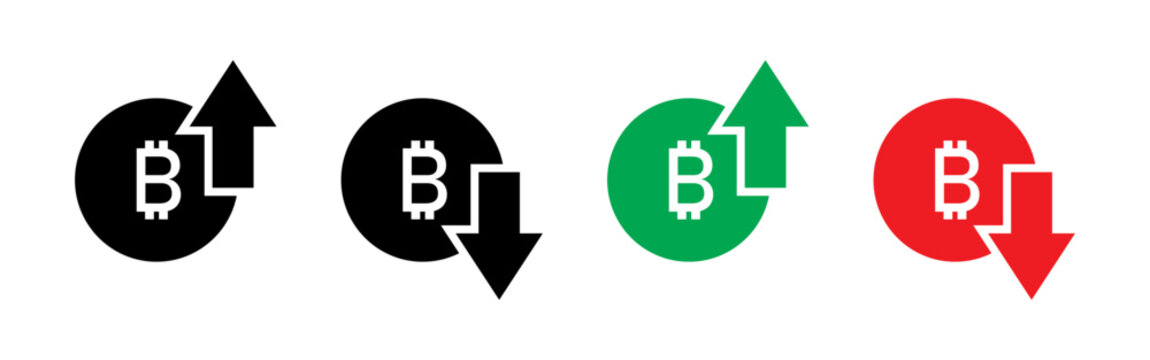 Bitcoin price increasing and decreasing icon set in black, green and red. Cryptocurrency rising and falling symbol set. Bitcoin with up and down arrow isolated on white background