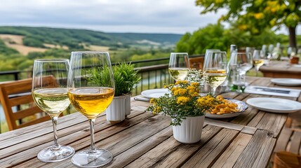 Two Glasses of White Wine on Rustic Outdoor Table with Scenic View