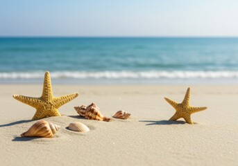 Starfish and seashells on sandy beach summer vacation background