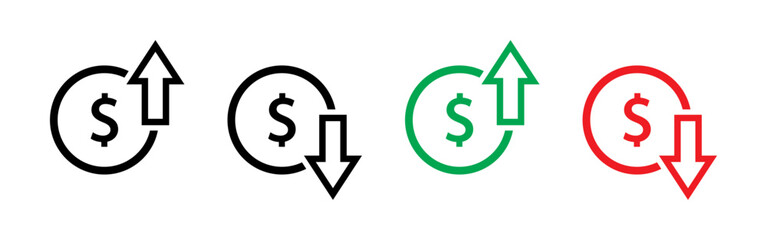 Dollar price increasing and decreasing icon set in black, green and red. Currency rising and falling symbol set. Dollar coin with up and down arrow with outline isolated on white background.