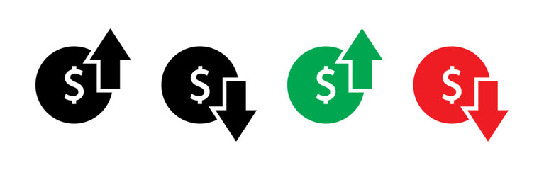 Dollar price increasing and decreasing icon set in black, white, green and red. Currency rising and falling symbol set. Dollar coin with up and down arrow isolated on white background