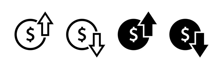 Dollar price increasing and decreasing icon set in black and white. Currency rising and falling symbol set. Dollar coin with up and down arrow with outline and fill isolated on white background