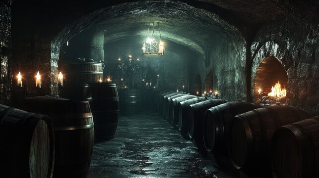 Dark, ancient wine cellar with wooden barrels - Powered by Adobe