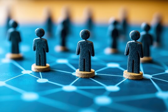 Miniature figures on network background representing connection, communication, teamwork, collaboration, and social interaction in digital environment
