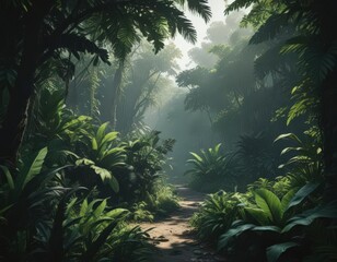 Mysterious jungle foliage, deep greens & blacks, dramatic shadows , leaves, dramatic