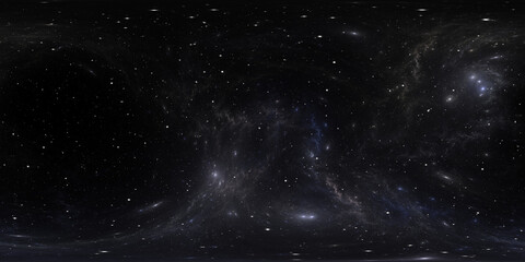 360 degree space nebula. Giant interstellar cloud with stars, equirectangular projection, environment map. Spherical panorama. 3D rendering, Fractal image