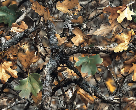 A realistic photo of a camouflage pattern with green leaves and brown oak tree branches