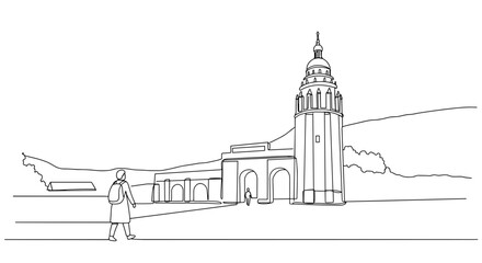 Obraz premium Outline of a Historic Building with Person in a Landscape 