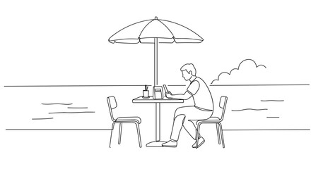 Person enjoying a meal under an umbrella by the seaside  