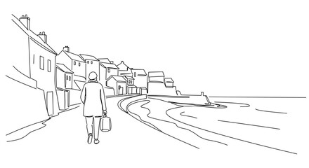 Obraz premium Man walking with briefcase along coastal village pathway 