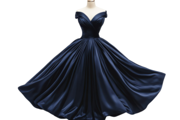 Elegant navy blue satin ball gown off shoulder sweetheart neckline flowing skirt studio shot