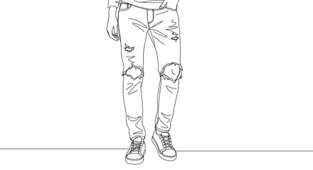 Fototapeta premium Casual person walking in ripped jeans on a minimalistic background 