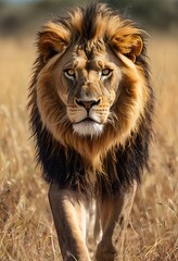 Obraz premium a majestic male lion with a striking mane confidently strides through the golden savanna grasses, meeting the viewer's gaze with intense focus.