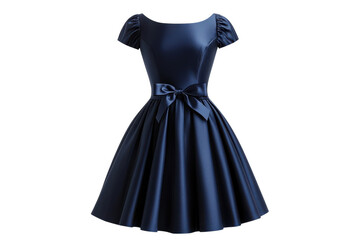Elegant navy blue satin dress short sleeves bow detail A line silhouette perfect for special