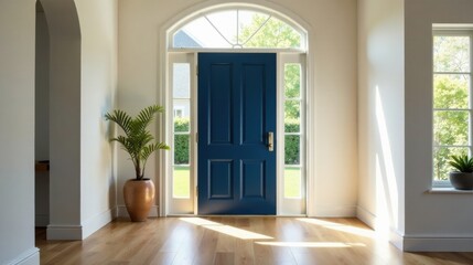 Sunlit Entryway with a Deep Blue Door and Elegant Potted Plant