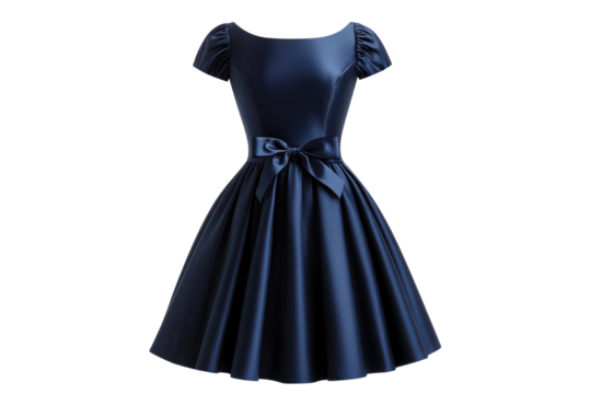 Elegant navy blue satin dress short sleeves bow detail A line silhouette perfect for special