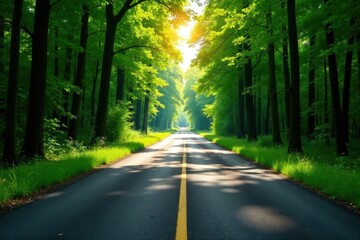Fototapeta premium Sunlit Asphalted Road Through Lush Green Forest Canopy